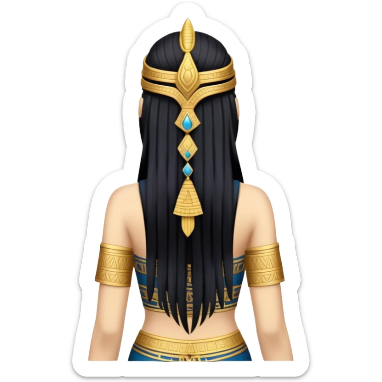 back view of Anunnaki goddess Inanna with long flowing black hair and Mesopotamian cuneiform symbols on her royal attire sticker