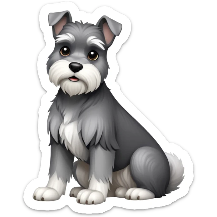 cinematic-[schnauzer]-realistic-full-body-sitting-emoji,-tail-resting-loosely-beside-its-paws,-head-tilted-dramatically, -sleek-[grey and white]-fur,-simplified-yet-realistic-focused-features,-highly-detailed,-glowing-with-an-almost-sarcastic-glow sticker