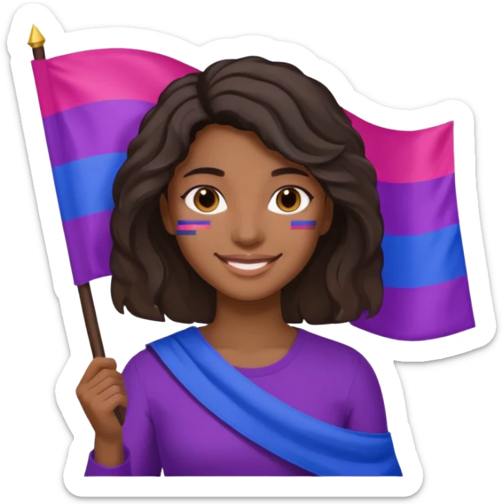 eu com a bandeira bissexual, sou morena, com cabelos negros que vão até a altura dos ombros levemente ondulados, olhos castanhos, sticker