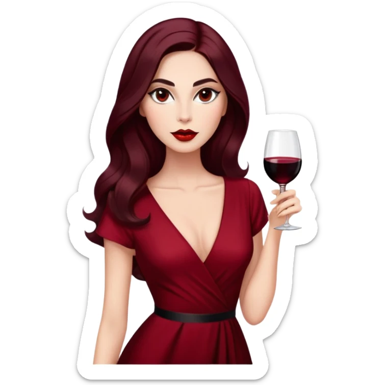Glamorous woman with radiant fair skin, elongated face, large dark almond eyes with dramatic eyeliner, thick defined eyebrows, full red lips, long dark straight hair with soft waves at ends, wearing wine red velvet V-neck dress, confident expression sticker