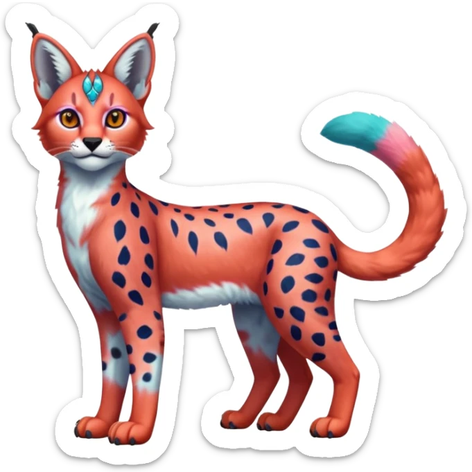 Colorful bluish cute adorable tropical exotic fruity rosy neon-red Caracal-Cheetah-Serval-Snow-Leopard-Trico-Sergal-Vernid-fusion-hybrid-animal-creature, full body, with tribal markings sticker