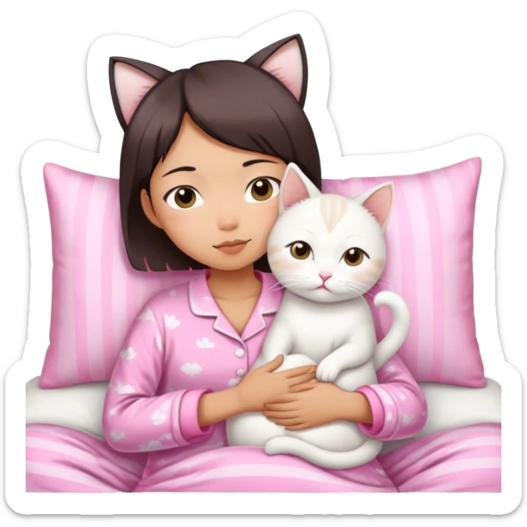 Short hair Asian girl wake up with white cat in pink pj sticker
