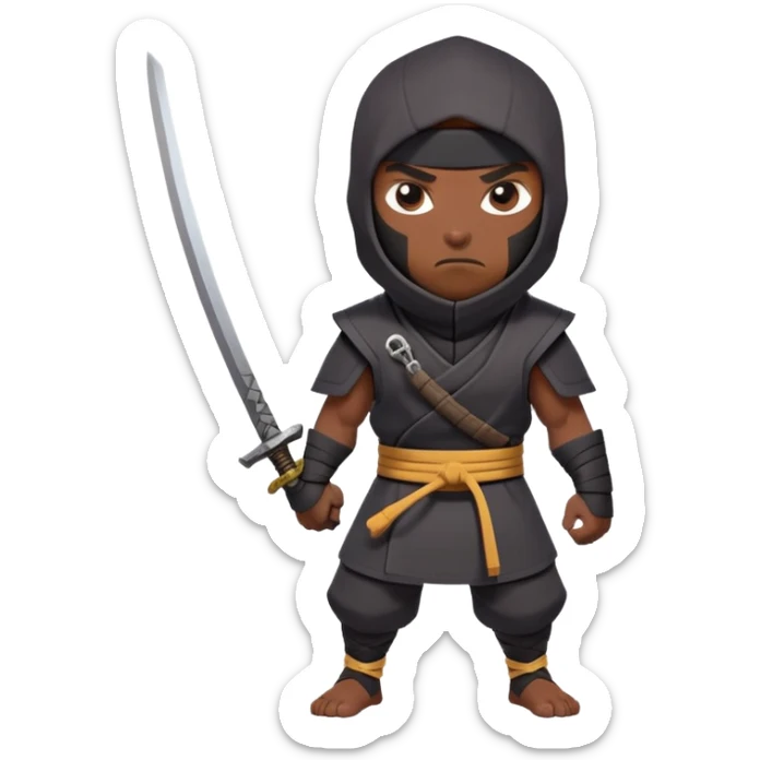 clash-of-clans-aesthetic_-cinematic-mysterious-male-ninja-portrait-emoji, rendered in a flat, vector-style with minimal shading and bold, simplified shapes,   with a head slightly turned revealing intense, focused eyes. the ninja is accompanied by a Ninken dog sticker