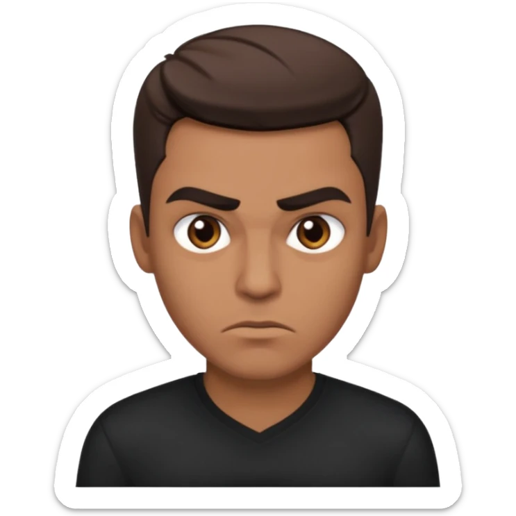 masculine white guy with brown characteristics (french crop) as hairstyle short hair brown eyes and thick eyebrows with a slit in the eyebrows. wearing a black shirt and having slightly angry expression but at the same time taking it as love  sticker