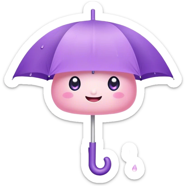 Cute Kawaii Umbrella, small and cute, soft pastel pink and purple, tiny rain droplets smiling down, a chubby round handle, big sparkling eyes full of joy! sticker