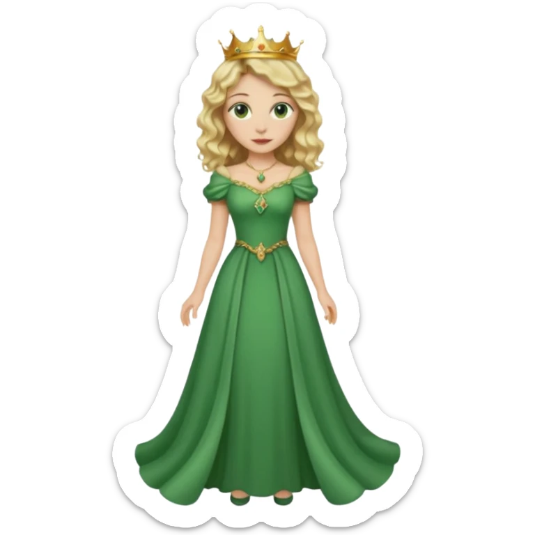 Queen, crown, blonde wavy hair, green eyes, long green narrpw dress, whole Body, sticker