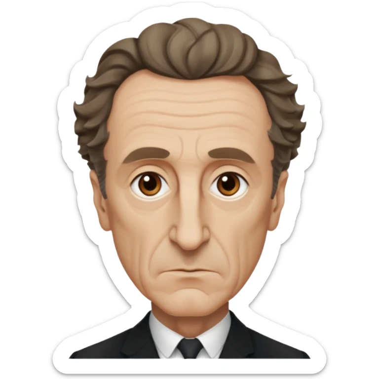 Maurice Merleau-Ponty as an iOS emoji, serious expression, distinctive wavy hair, big nose, long face, big forehead, minimalist, philosophical vibe sticker