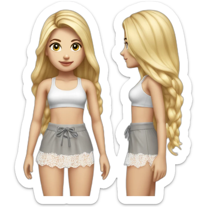 hyperrealistic caucasian female, long straight blonde hair, white lace-up crop top and grey plain tight mini skirt sticker