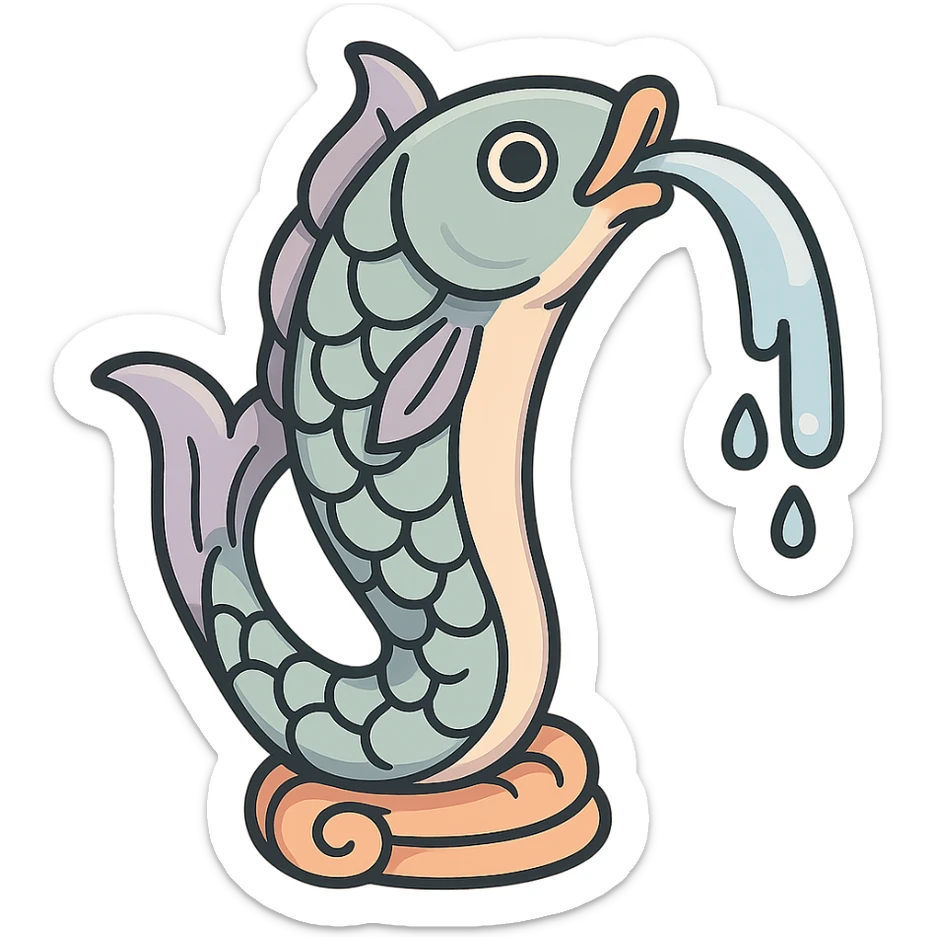 elongated vertical fountain in the form of an elegant fish with a water stream flowing from its mouth, eastern style, detailed drawing with shadows and highlights, thin clean contours, soft rounded shapes, pastel palette #98B5BC, #B5B3C1, #C9A3C9, #E4C0CA, #F7DCD1, #F7C0AA, modern Japanese pop art and sticker aesthetics, soft lighting, transparent background, no stand sticker