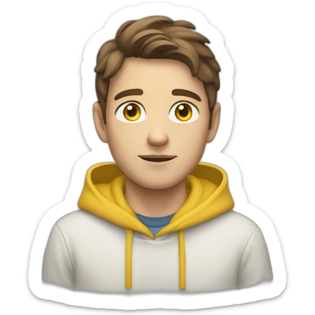 A white young man with middle long brown hair and a yellow hoodie sticker