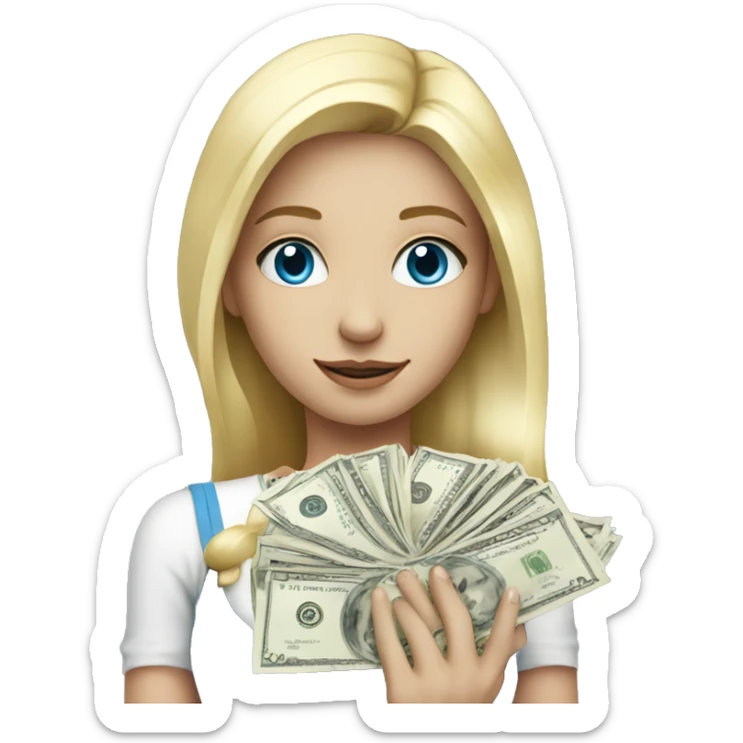 Blonde girl, white with blue eyes holding a lot of money sticker