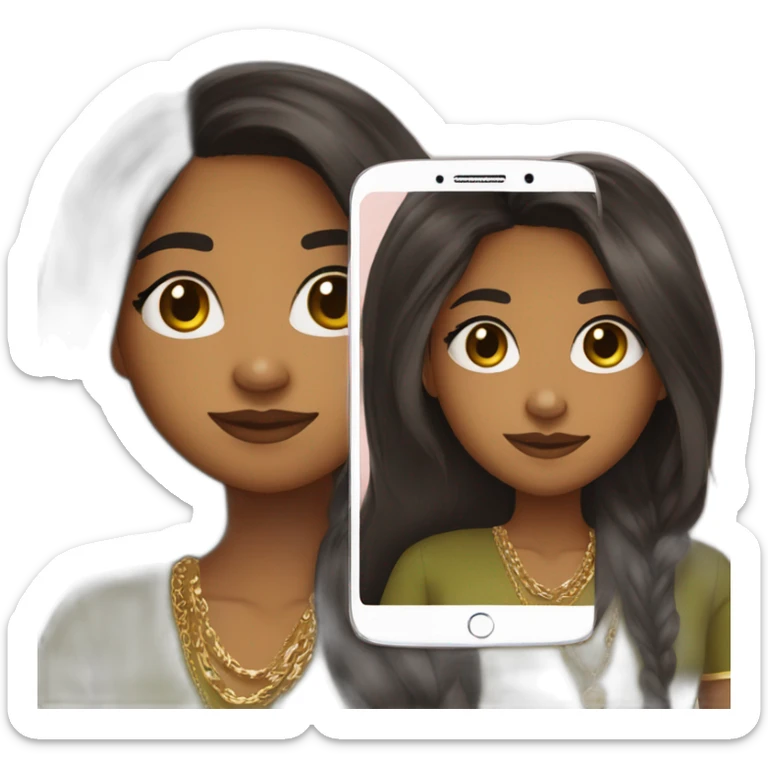 A brown girl in her teens taking a mirror selfie and holding her phone looking into the camera in an olive green kurta and wearing a gold chain and long black straight hair with hair open  sticker