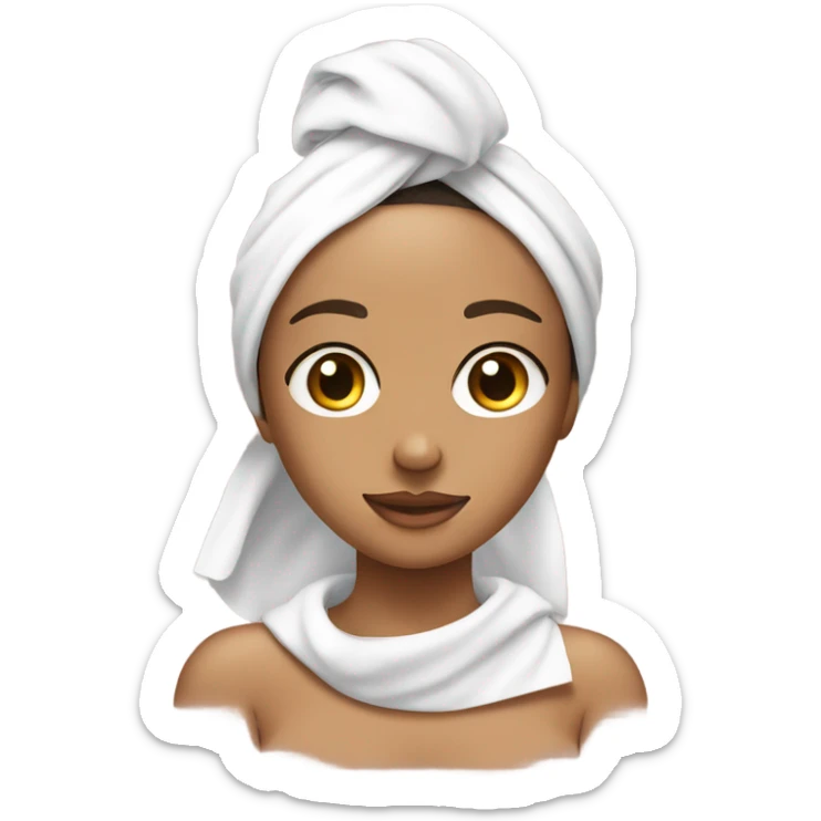 Tan girl with towel on her head and two front peices hanging out with a skincare mask on her face sticker