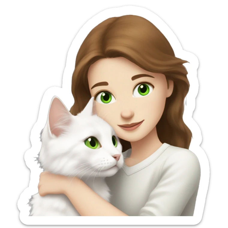brown-haired girl with gray eyes hugs a white Turkish Angora cat with green eyes sticker