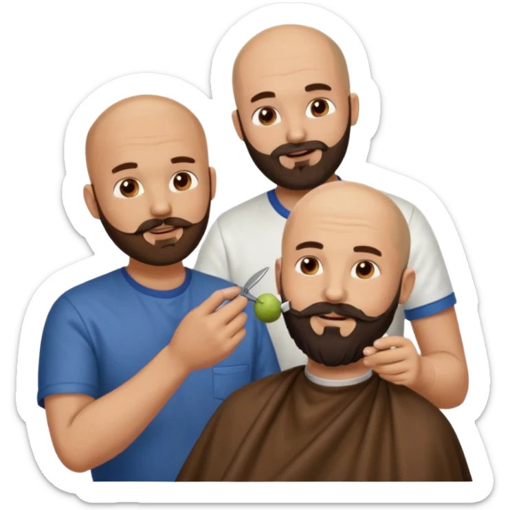 A bald man with a dark brown beard cutting someone’s hair at a barber shop and the other guy is eating a small poop ball in his hand sticker
