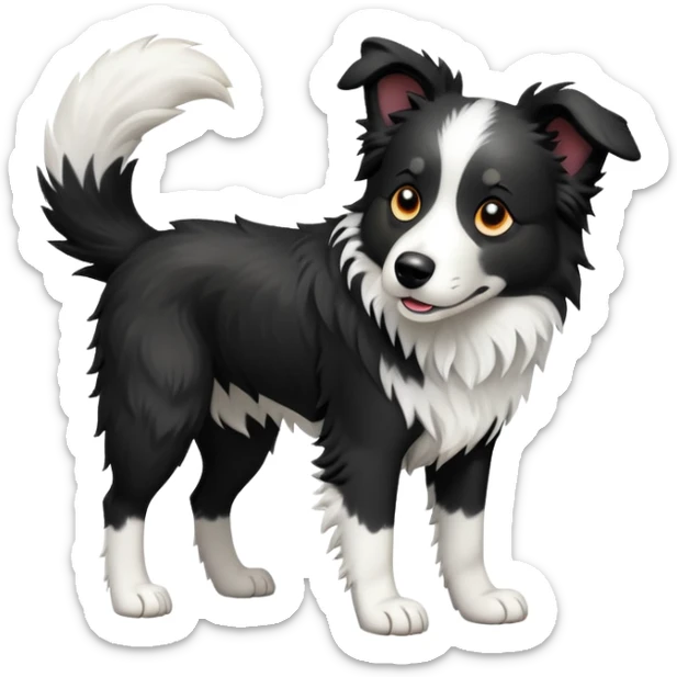 cinematic-[border collie dog]-realistic-full-body-sitting-emoji,-tail-resting-loosely-beside-its-paws,-head-tilted-dramatically,-scruffy-[black and white]-fur,-simplified-yet-realistic-focused-features,-highly-detailed,-glowing-with-an-almost-sarcastic-glow sticker