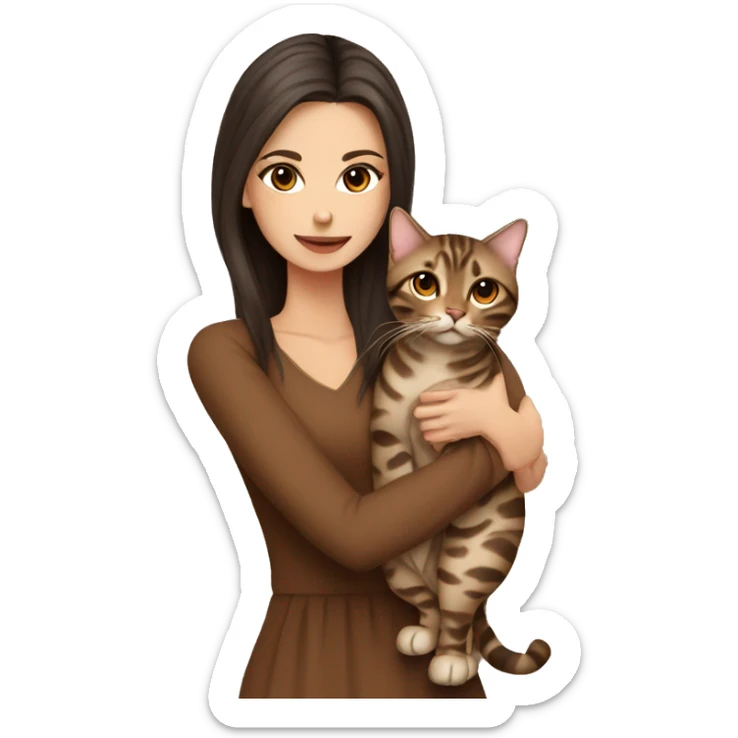 Beautiful skinny woman long dark brown hair in brown dress hug bengal cat sticker