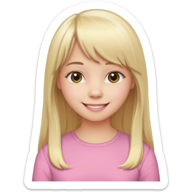 Menina branca de cabelo loiro longo de franja na testa sorrindo blusa rosa sticker