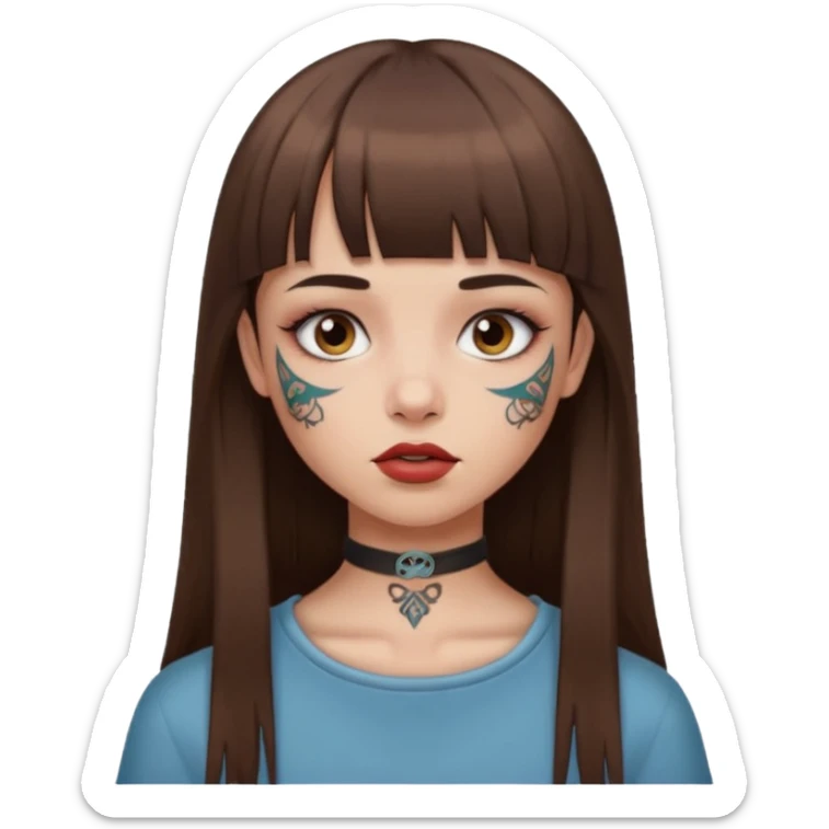 Alternative girl with long straight brown hair and micro bangs and a throat tattoo sticker
