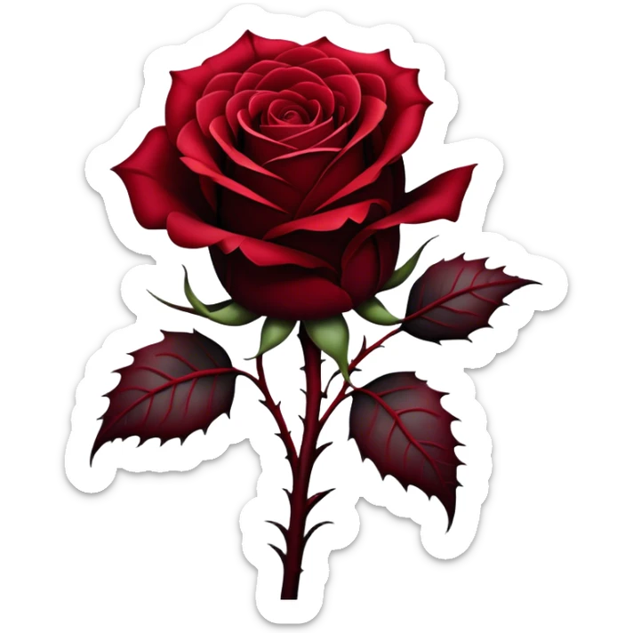 A single Gothic rose, its deep red petals unfolding in shades of scarlet and burgundy, stands alone against a dark, misty backdrop. A flowing black silk ribbon wraps around its thorny stem, adding an air of mystery and elegance. sticker