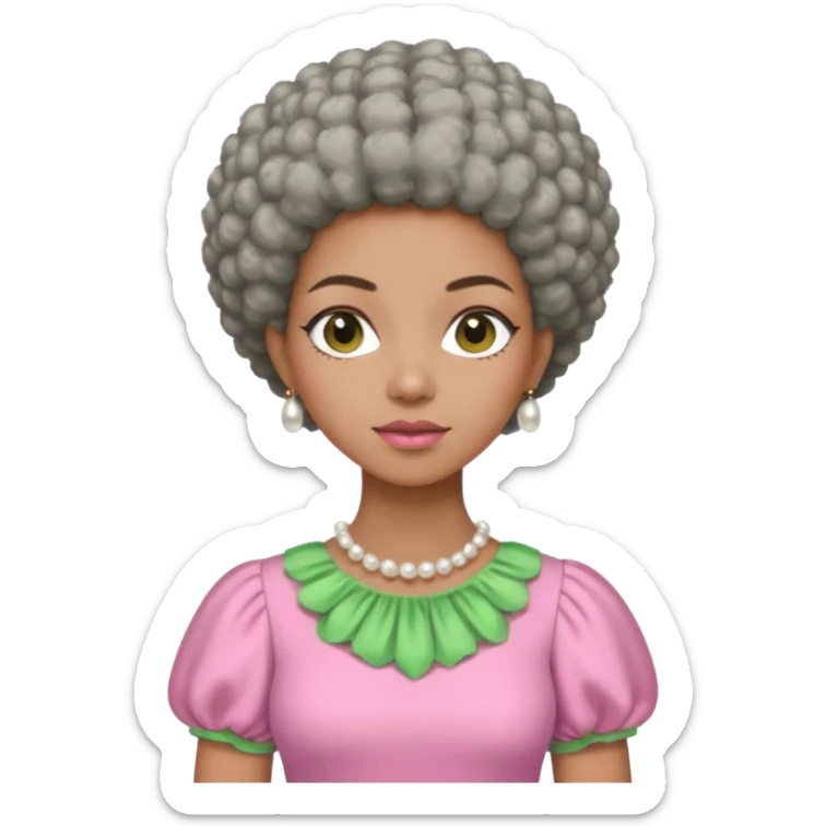 Brown woman with a super short stylish gray Afro  wearing pink and green dress  and pearl blouse with sleeves sticker