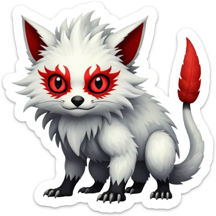 a white exotic edgy vernid-fionbr-Fakémon-creature, with black belly and red eyes, full body sticker