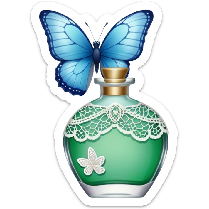 A single delicate blue butterfly resting on the edge of a lace-trimmed green  perfume bottle.
 sticker