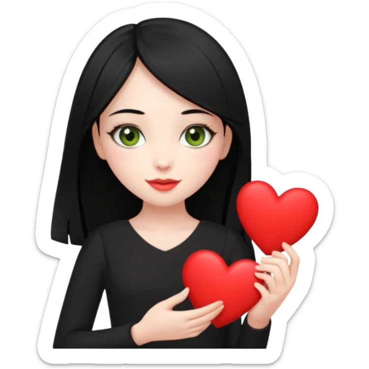 Pale girl with straight black hair and olive green eyes soft smile wearing black dress and holding a heart sticker