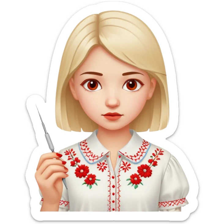 A young Ukrainian girl in a white embroidered shirt holds a red thread and a needle in her hand sticker