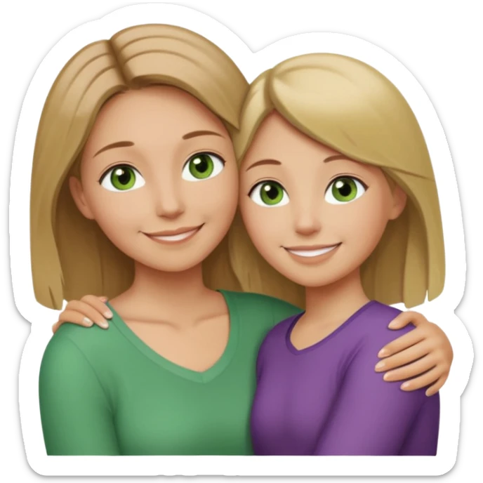 Mom daughter hugging, mom has light brown hair to collarbone and green eyes and is white with tan skin, daughter has dirty blonde hair to upper back with hazel eyes and is white with tan skin sticker