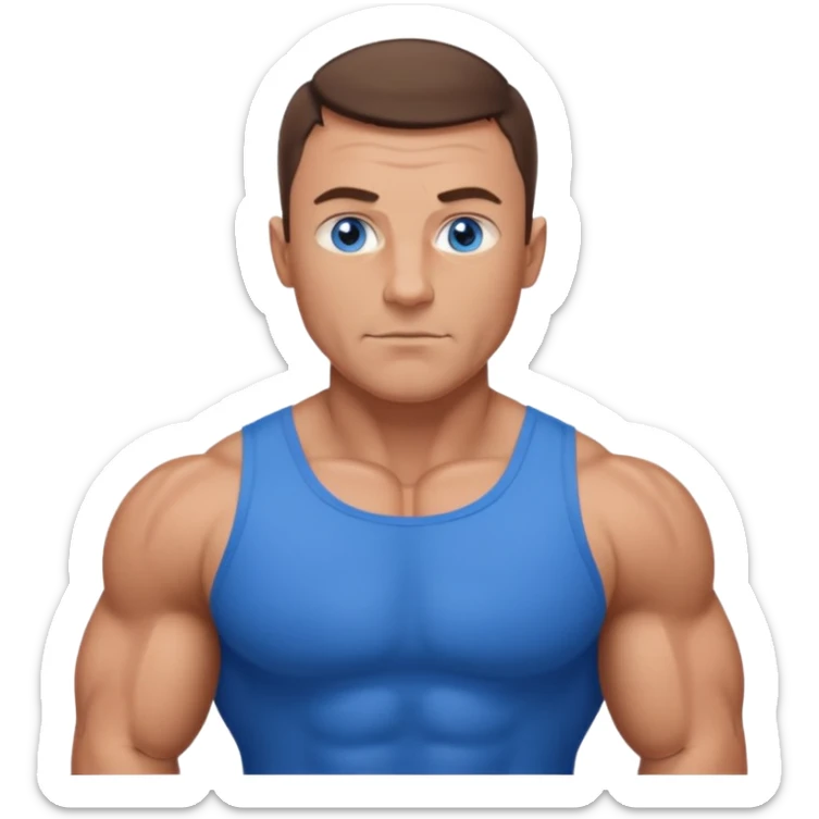 dad with very short shaved brown hair and blue eyes emoji with big muscles sticker