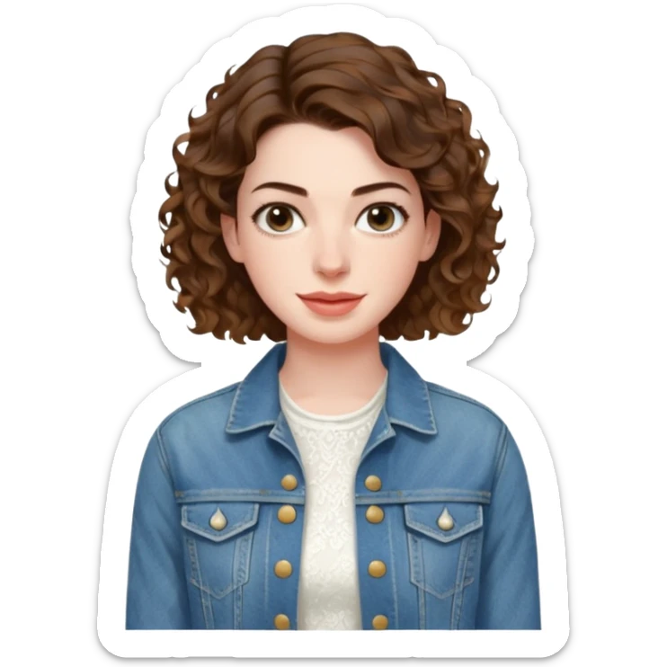 Anne Hathaway in short curly hair and white dress with denim jacket sticker