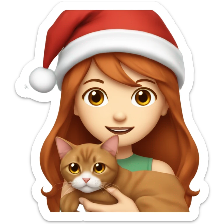 cherry red hair cute girl holding burmese brown cat in christmas cap sticker