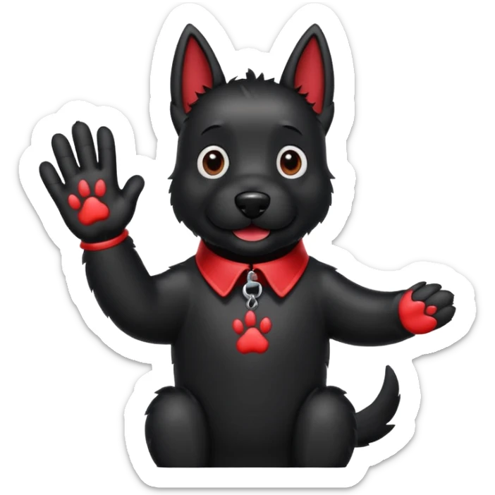 Black Scottie dog wearing red collar with paw print tag waving goodbye sticker