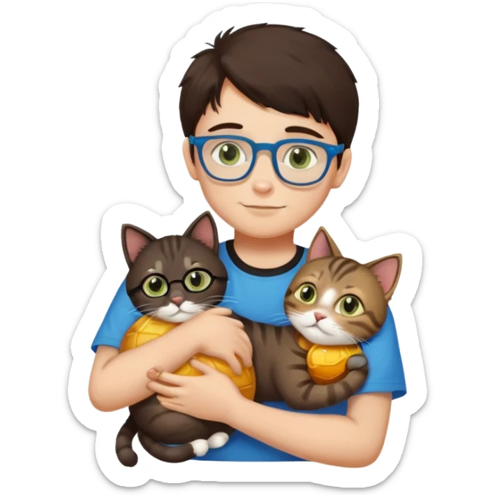a boy with dark brown hair, slightly greenish eyes and blue glasses, wearing a black t-shirt, hugging a furry tabby cat with honey-colored eyes sticker