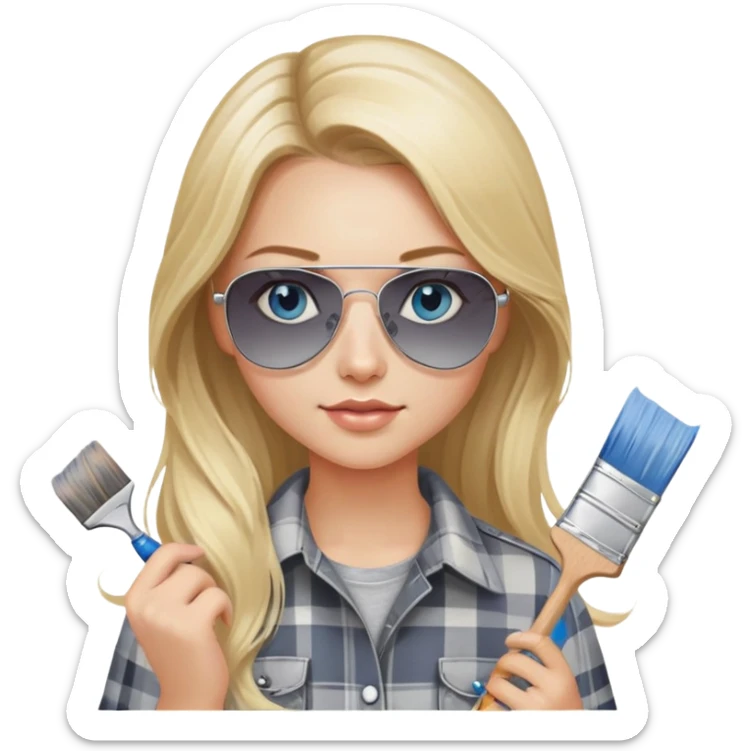 girl with long blond hair, wearing grey plaid shirt with blue eyes and aviator sunglasses wearing a ring on her silver necklace, holding a paint brush roller sticker