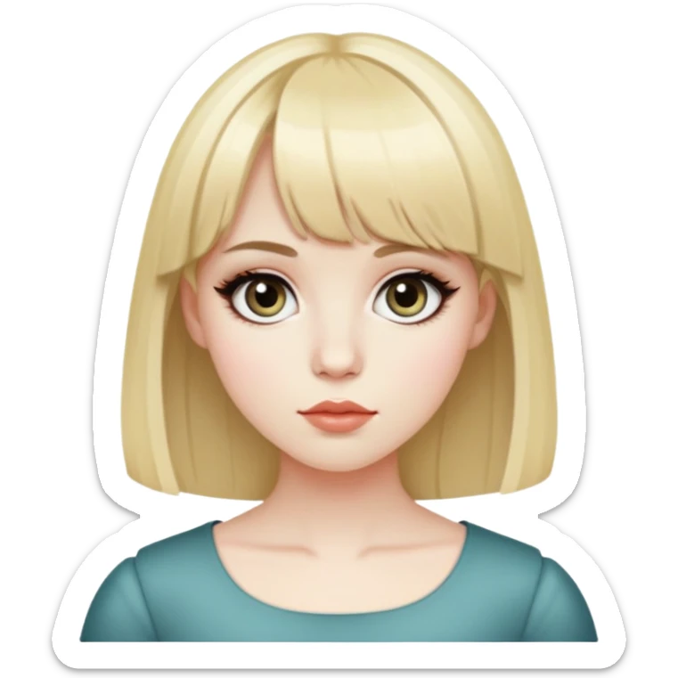Pele pálida, rosto redondo, cabelo médio escuro, com duas mechas loiras, franja, olhos grandes, estilo fofo e coquette sticker