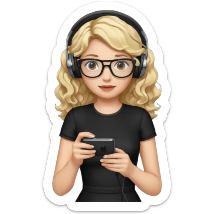 
gamer, woman with blond wavy hair, tight black dress with a white line with glasses, headphone, gamepad sticker