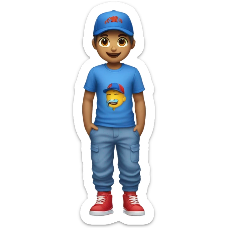 Hazme una imagen de un niño con gorra con el pelo azul y que tiene una camiseta de una x y un pantalón azul y zapatos rojos sticker