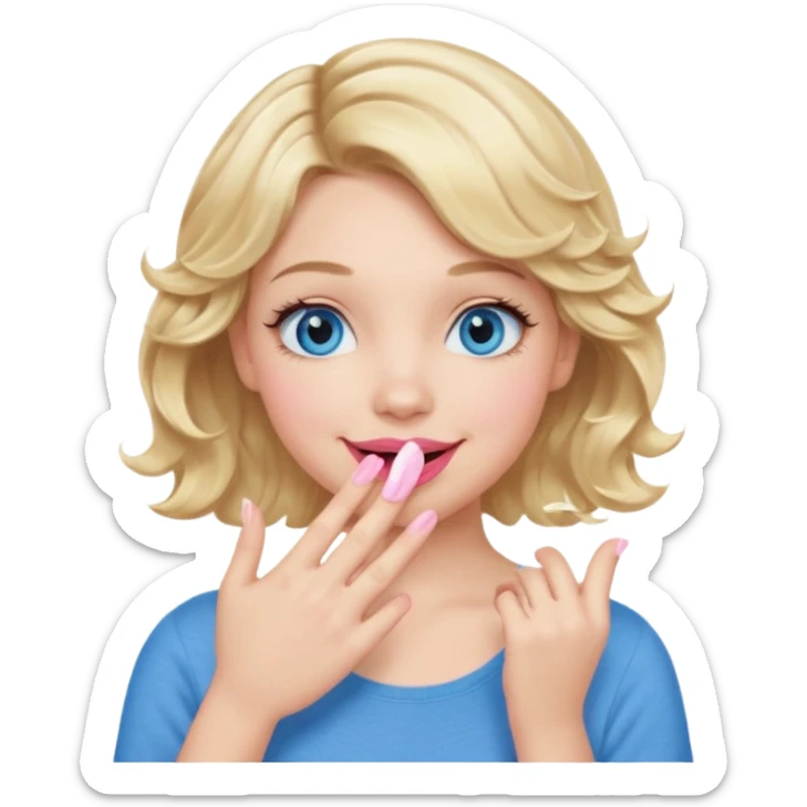 Girl Blonde short wavy hair,  blue eyes, cute blue top, long lashes, pink lips, smiling, hand covering the mouth sticker