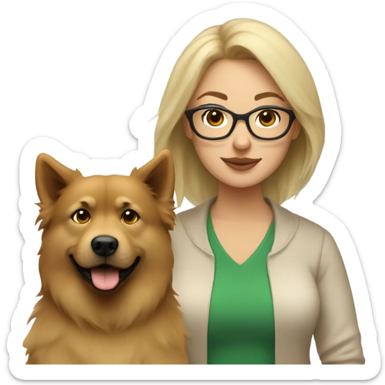 Brown light hair woman aux Green eyes with glasses Green eyes and light beige eurasier dog  sticker