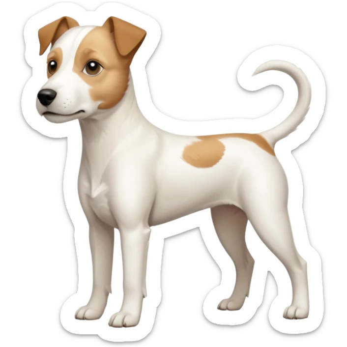 a full body buff white parson russell terrier looking dog the size of a kelpie with light brown long ears and a light brown patch on one eye and a large snout. the rest of the dog is completely white. forward facing sticker