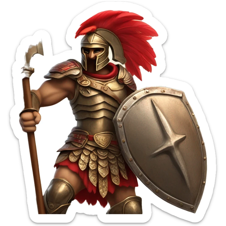 Fantasy spartan warrior, male, wearing detailed bronze armor with a red plumed helmet, wielding a spear and a round shield with intricate designs battlefield in the background in a highly detailed and realistic style.
 sticker