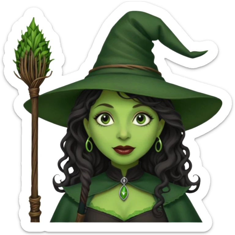 elphaba the wicked witch from wicked movie (cynthia erivo) dark long curly hair, thick lips, green skins, witch hat, witch broom, evil, wicked musical film  sticker