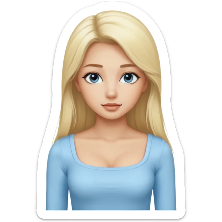 pretty girl blonde long hair makeup light baby blue skin tight square neckline long sleeve top sticker