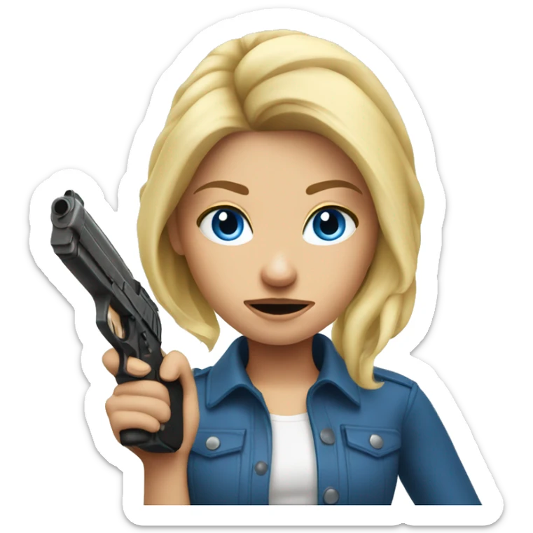 Mad Blonde hair blue eyes girl holding gun up sticker