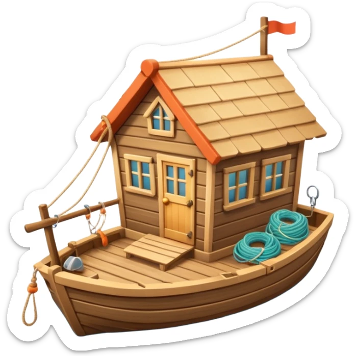 
cute fisherman house, small wooden seaside cabin, fishing nets, fishing boat sign, rope details, warm sunlight, coastal vibe, 3D cartoon, mobile game icon style, soft shadows, clean background, no text, no watermark
 sticker
