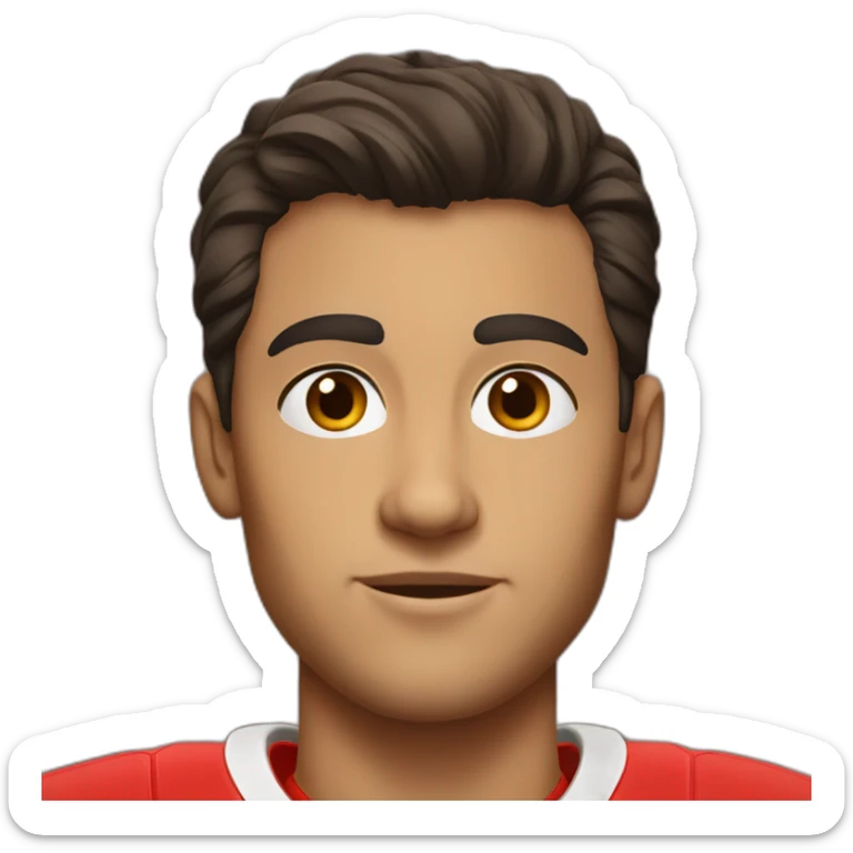 a young man with no beard and very short dark hair and brown eyes in a red ferrari jersey sticker