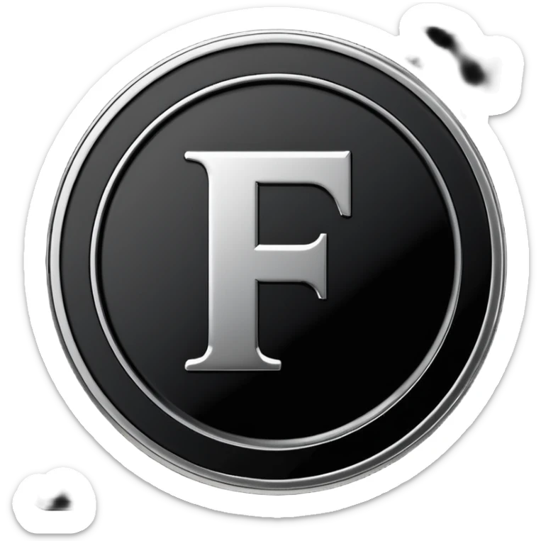 Emoji icon of a black coin with engraved letter F, minimalist style, isolated, only black color sticker
