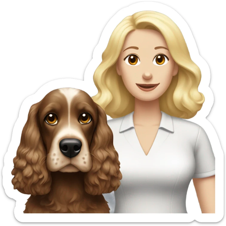 Dark brown cocker spaniel with white belly. With women with blonde hair sticker